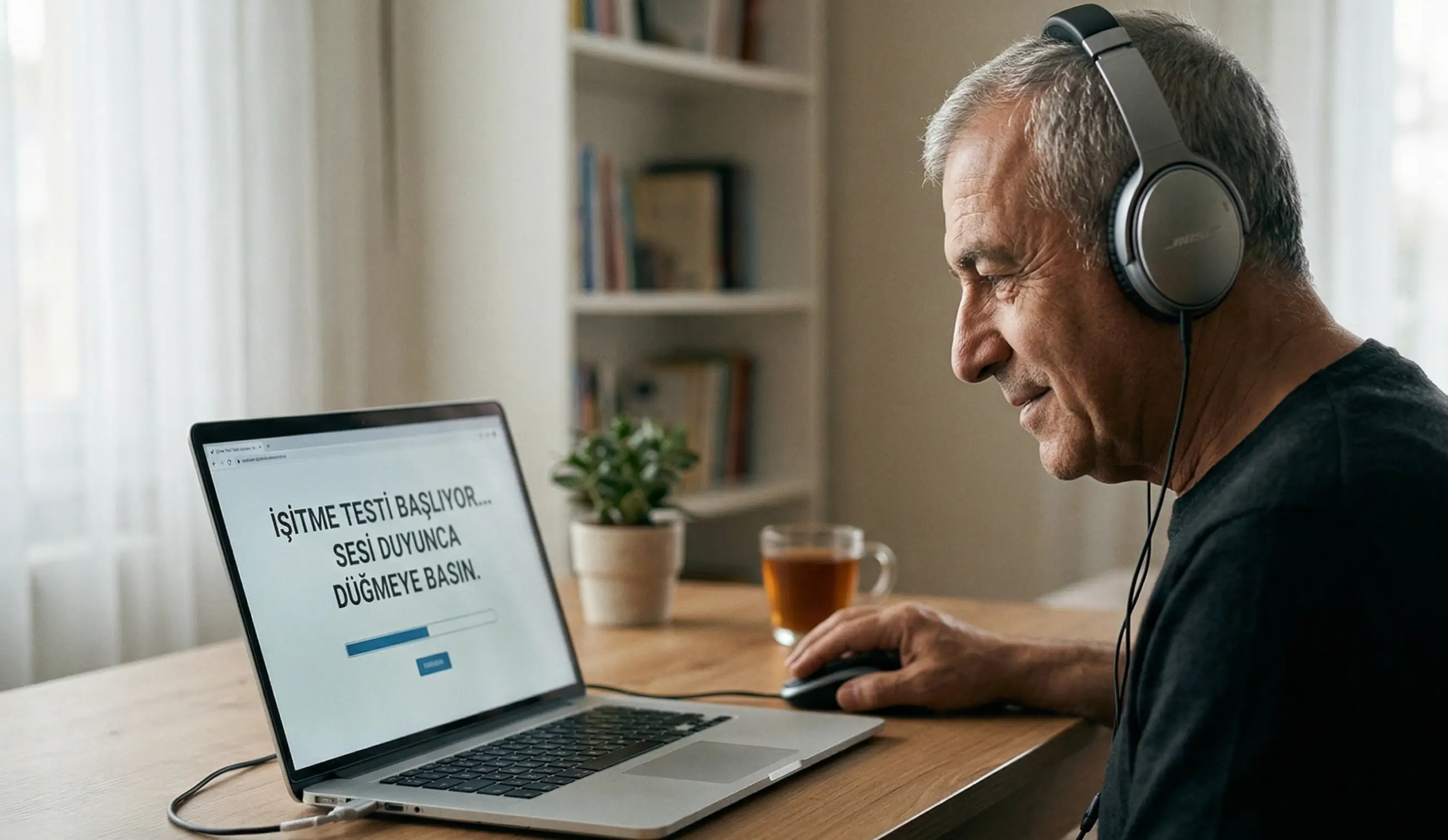 Evde kulaklıkla online işitme testi yapan bir kişi